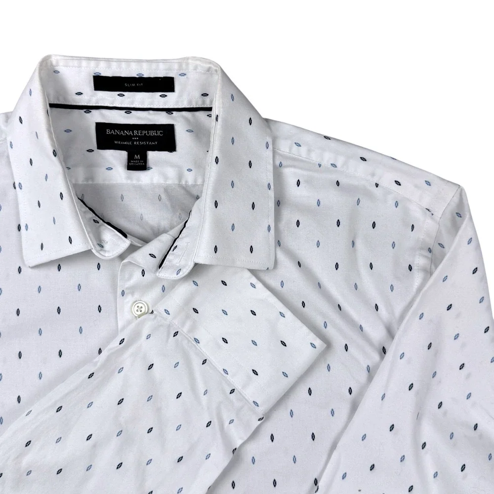 Banana Republic Mens Slim Fit Wrinkle Resistant White Geometric Diamond Shirt M